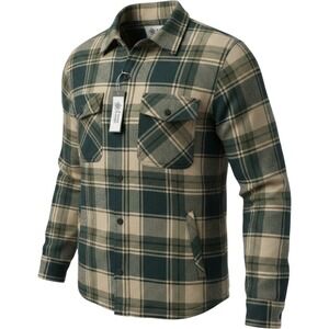 Alpine Design Mens Quilted Flannel Shirt Jacket Green Tan Plaid Lined Shacket